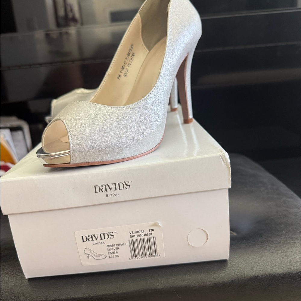 David's Bridal silver peep toe heels. Perfect for wedding and special occasions